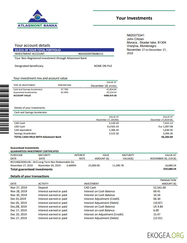 Relevé de la Banque Atlasmont du Monténégro